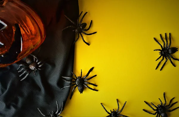 Halloween Party Bikolórní Pozadí Pavouci Dýňové Křišťálové Dekorace Mezera Pro — Stock fotografie