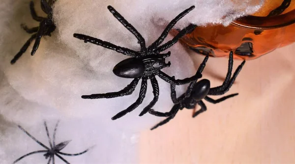 Fondo Aterrador Arañas Pánico Alrededor Telarañas Calabaza Halloween Que Representa — Foto de Stock