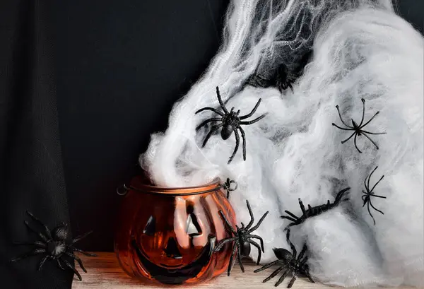 Sfondo Spaventoso Ragni Panico Intorno Ragnatele Zucca Halloween Che Rappresenta — Foto Stock