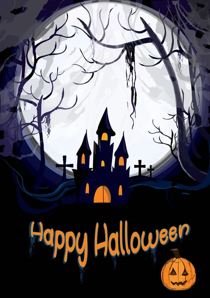 Uhyggeligt Halloween Kort Til Halloween Med Hjemsøgt Hus Baggrunden Kirkegård - Stock-foto