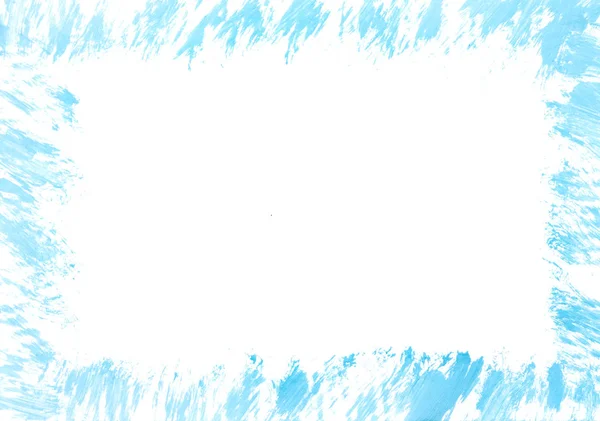 Suluboya mavi fırça darbelerinin kare çerçevesi beyaz kağıt üzerinde arka plan tasarımı yapar. Kopyalama alanı, düz yatış, üst görünüm.