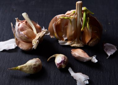 Sarımsak parçaları koyu siyah arka plan üzerine sığ derinliği alan, seçici odak, makro yakın çekim