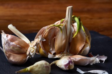 Sarımsak parçaları koyu siyah arka plan üzerine sığ derinliği alan, seçici odak, makro yakın çekim