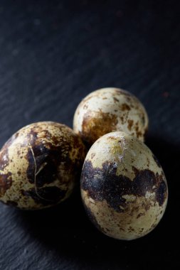 Bazı Bıldırcın yumurta bir koyu arka plan, üstten görünüm, yakın çekim, seçici odak grup, uzay kopyalayın, aydınlatma.