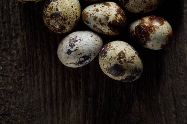 Seçici odak eski ahşap panoları, boşluk, arka plan üzerinde benekli bıldırcın yumurtası düzenlenmiş.