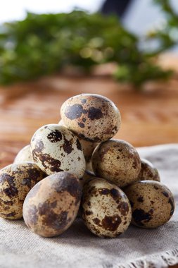 Piramit peçeteye düzenlenen bir ahşap masa, yakın çekim, seçici odak üzerinde bıldırcın yumurtası.