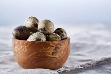 Yumurtalar bıldırcın, gri arka plan, yakın çekim, seçici odak saf bir peçeteye üzerinde yumurta ile kase