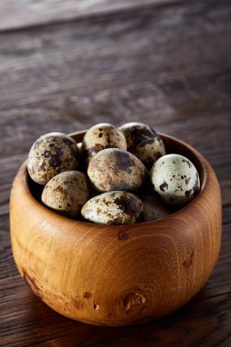Taze bıldırcın yumurtası ahşap bir plaka üzerinde bir koyu ahşap arka plan, üstten görünüm, yakın çekim