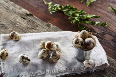 Bıldırcın yumurtası keten peçete ve Şimşir dal, seçici odak demet bahar bileşimi