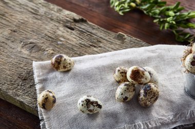 Piramit peçeteye Şimşir dalları ile düzenlenmiş bir ahşap masa, yakın çekim, seçici odak üzerinde bıldırcın yumurtası.