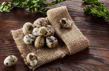 Piramit peçeteye Şimşir dalları ile düzenlenmiş bir ahşap masa, yakın çekim, seçici odak üzerinde bıldırcın yumurtası.