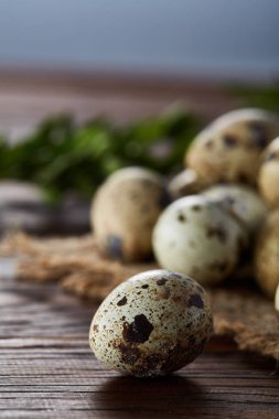 Piramit peçeteye Şimşir dalları ile düzenlenmiş bir ahşap masa, yakın çekim, seçici odak üzerinde bıldırcın yumurtası.