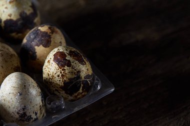 Bıldırcın yumurtası koyu ahşap arka plan, üstten görünüm, seçici odak plastik bir kap içinde