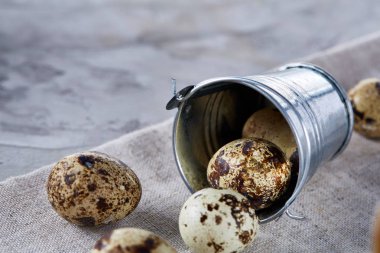 Devrilmiş dekoratif kova peçete bıldırcın yumurtalarının dolu beyaz dokulu arka plan, yakın çekim, seçici odak üzerinde.