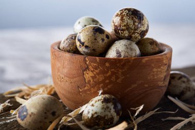 Ahşap kase bıldırcın yumurtası ahşap tahta üzerinde dolu beyaz arka plan, yakın çekim, seçici odak üzerinde.