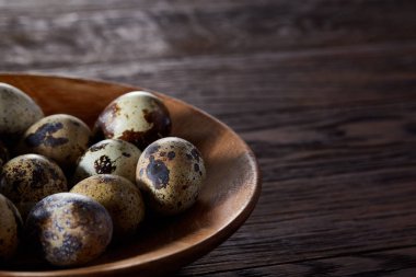 Taze bıldırcın yumurtası ahşap bir plaka üzerinde bir koyu ahşap arka plan, üstten görünüm, yakın çekim