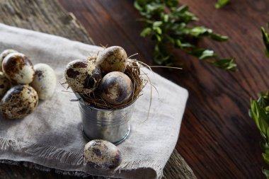 Bıldırcın yumurtası keten peçete ve Şimşir dal, seçici odak demet bahar bileşimi