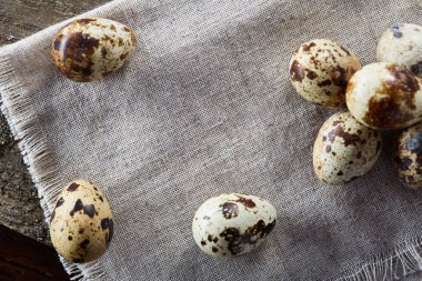 Piramit peçeteye Şimşir dalları ile düzenlenmiş bir ahşap masa, yakın çekim, seçici odak üzerinde bıldırcın yumurtası.