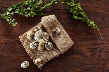 Piramit peçeteye Şimşir dalları ile düzenlenmiş bir ahşap masa, yakın çekim, seçici odak üzerinde bıldırcın yumurtası.