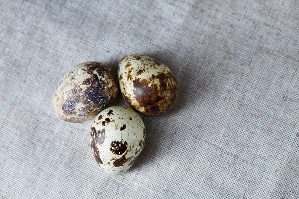 Group of three quail eggs on a homespun tablecloth, top view, close-up, selective focus, copy space, backlight. — Stock Photo, Image