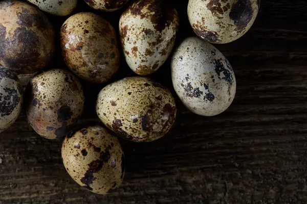 Seçici odak eski ahşap panoları, boşluk, arka plan üzerinde benekli bıldırcın yumurtası düzenlenmiş.