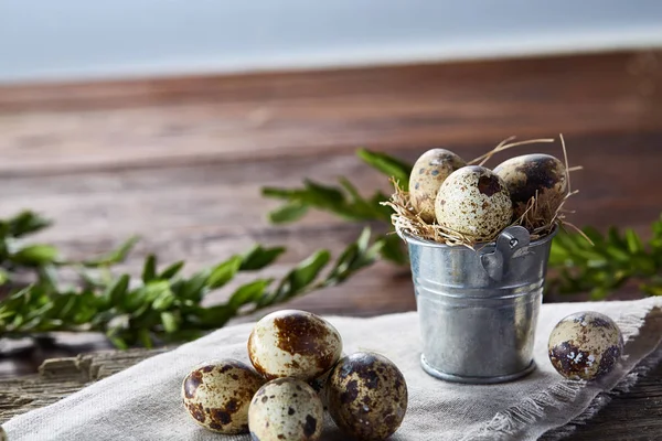 Bıldırcın yumurtası keten peçete ve Şimşir dal, seçici odak demet bahar bileşimi