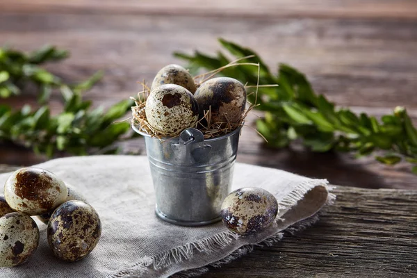 Bıldırcın yumurtası keten peçete ve Şimşir dal, seçici odak demet bahar bileşimi