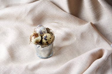 Bıldırcın yumurtası dekoratif bir kova ve bazı yumurta bir saf masa örtüsü, üstten görünüm, yakın çekim