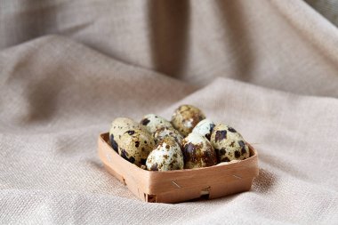 Bıldırcın yumurtası içinde bir rustik ahşap arka plan, üstten görünüm, seçici odak sille.