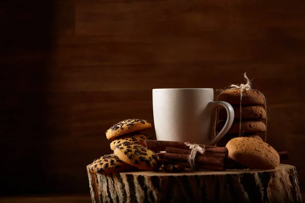 Conceito de Natal com uma xícara de chá quente, biscoitos e decorações em um log sobre fundo de madeira, foco seletivo — Fotografia de Stock