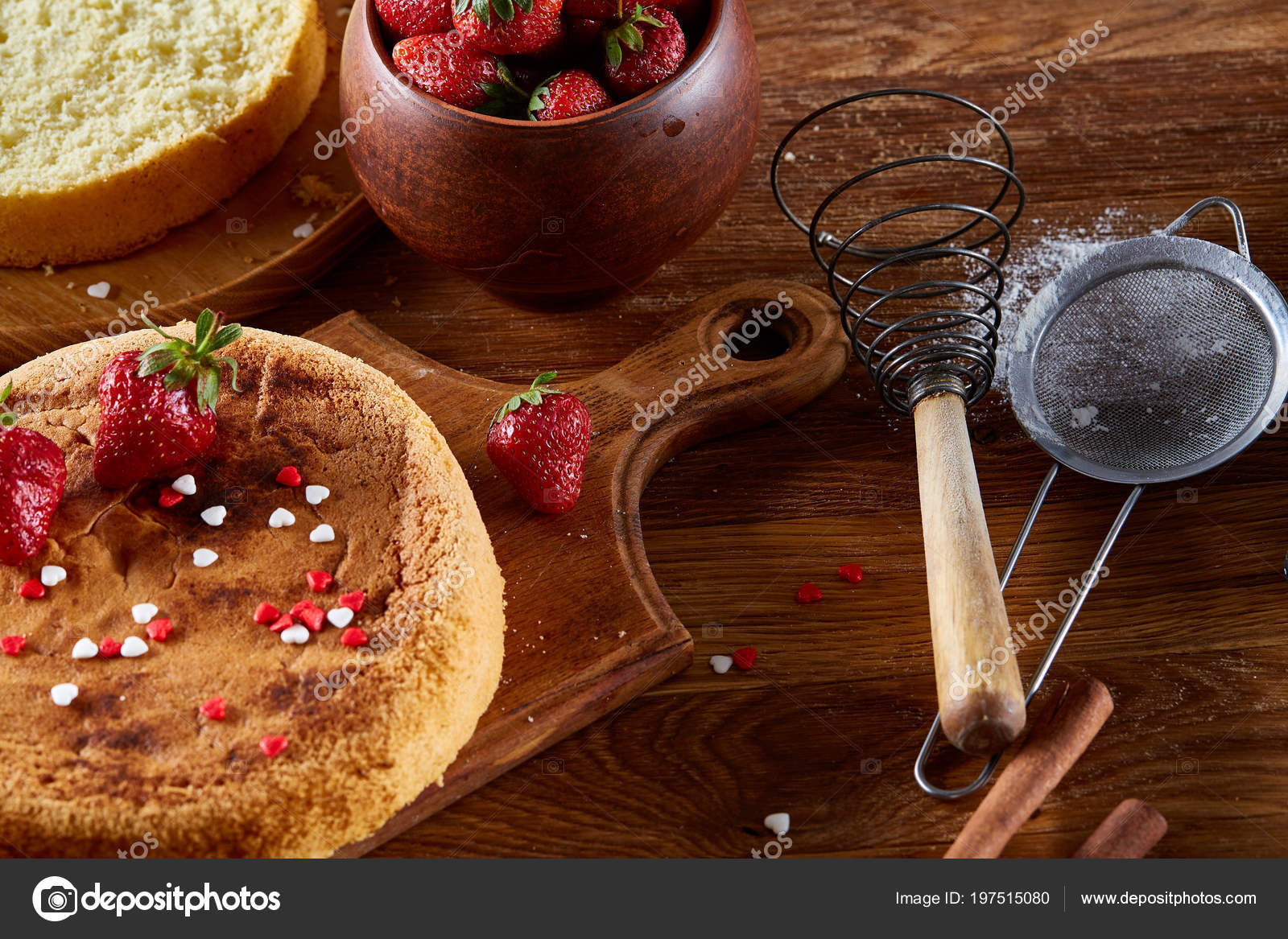 Delicious Cake With Fresh Organic Strawberries And Kitchen