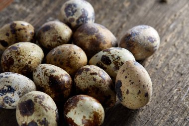 Seçici odak eski ahşap panoları, boşluk, arka plan üzerinde benekli bıldırcın yumurtası düzenlenmiş.