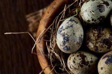 Koyu ahşap arka plan, üstten görünüm, yakın çekim saf peçeteye ahşap bir kase taze bıldırcın yumurtası
