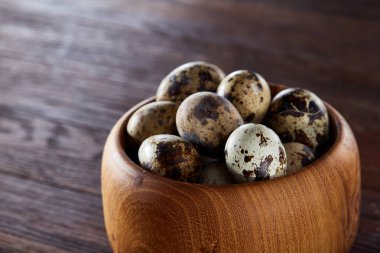 Bir koyu ahşap arka plan, üstten görünüm, yakın çekim bir ahşap kase taze bıldırcın yumurtası