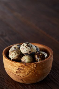 Kırsal natürmort kase yumurta bıldırcın tam ile yumurta saf peçeteye Şimşir ahşap arka plan, üstten görünüm