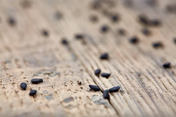 Semilla de sésamo negro esparcida sobre fondo rústico de madera, primer plano, macro, poca profundidad de campo . — Foto de Stock