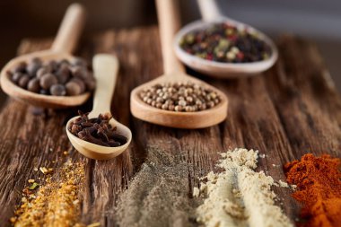 Tahta kaşıklar ile baharat vintage arka planda, perspektif, yakın çekim, seçici odak azalan sıra