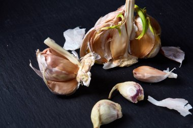 Sarımsak parçaları koyu siyah arka plan üzerine sığ derinliği alan, seçici odak, makro yakın çekim