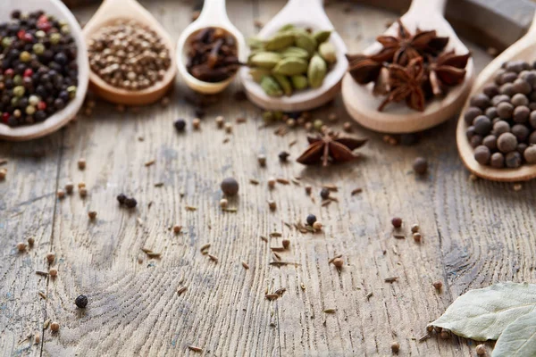 Renkli aromatik yemek eski ahşap varil, yakın çekim, düz için çeşitli baharatlar yatıyordu, seçici odak, kopya alanı.