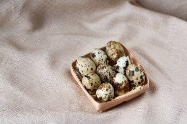 Bıldırcın yumurtası saf masa örtüsü, yakın çekim, yüksek açılı görünüş, seçici odak kapsayıcı.