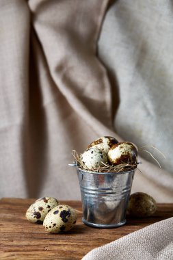 Bıldırcın yumurtası odun parçası üzerinde küçük dekoratif kova dolu saf masa örtüsü, yakın çekim, seçici odak üzerinde.