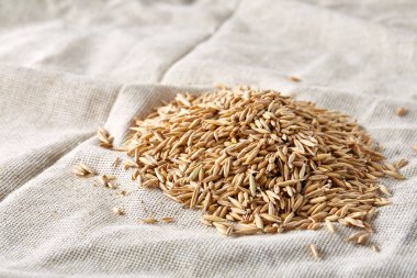 Soyulmamış yulaf taneleri saf masa örtüsü arka plan, üstten görünüm, yakın çekim, makro, seçici odak yığını.