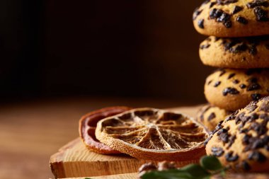 Noel çerezleri, tarçın ve kurutulmuş portakal bir günlük, yakın çekim, seçici odak ürün yelpazesine natürmort.