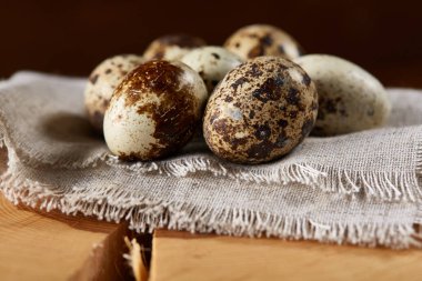 Bir günlük bir peçeteye yuvarlağına düzenlenmiş ahşap arka plan, yakın çekim, seçici odak bıldırcın yumurtası.