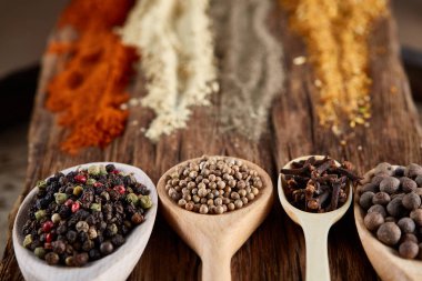 Tahta kaşıklar ile baharat vintage arka planda, perspektif, yakın çekim, seçici odak azalan sıra