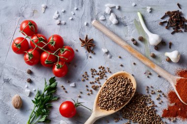 Kiraz domates ve çeşitli baharatlar beyaz dokulu arka plan, düz üzerinde yatıyordu, yakın çekim, seçici odak.