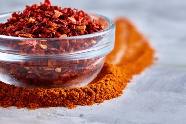 Cam kase kırpma yoluyla beyaz zemin üzerine kırmızı sıcak soğuk biber, üst görüntülemek, seçici odak, dikey.