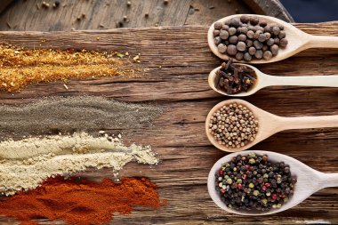 Tahta kaşıklar ile baharat vintage arka planda, perspektif, yakın çekim, seçici odak azalan sıra