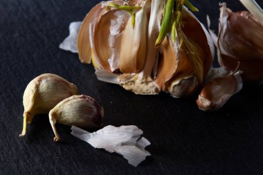 Sarımsak parçaları koyu siyah arka plan üzerine sığ derinliği alan, seçici odak, makro yakın çekim.