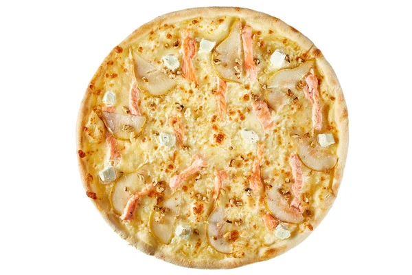 Deniz ürünleri, mozzarella, somon, beyaz arka plan üzerinde izole armut pizza.